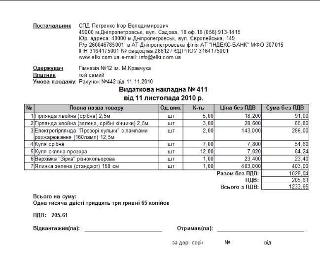 Видаткова накладна бланк