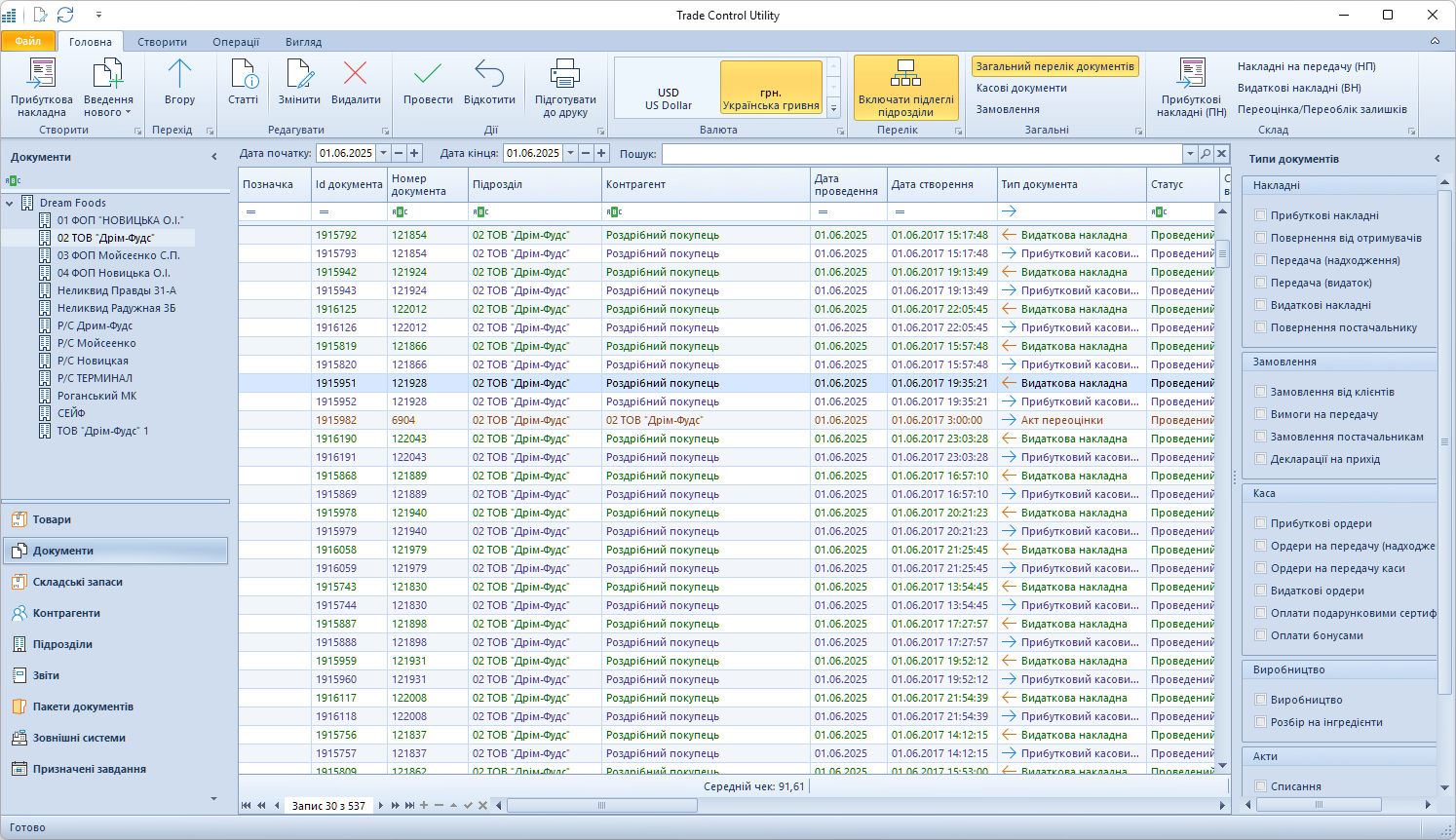 Головна форма Документи у Trade Control Utility