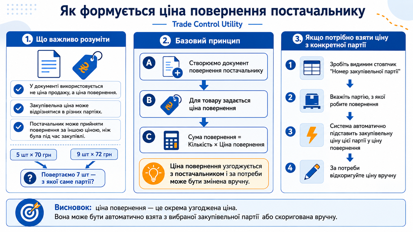 Інфографіка повернення товарів постачальнику у Trade Control Utility